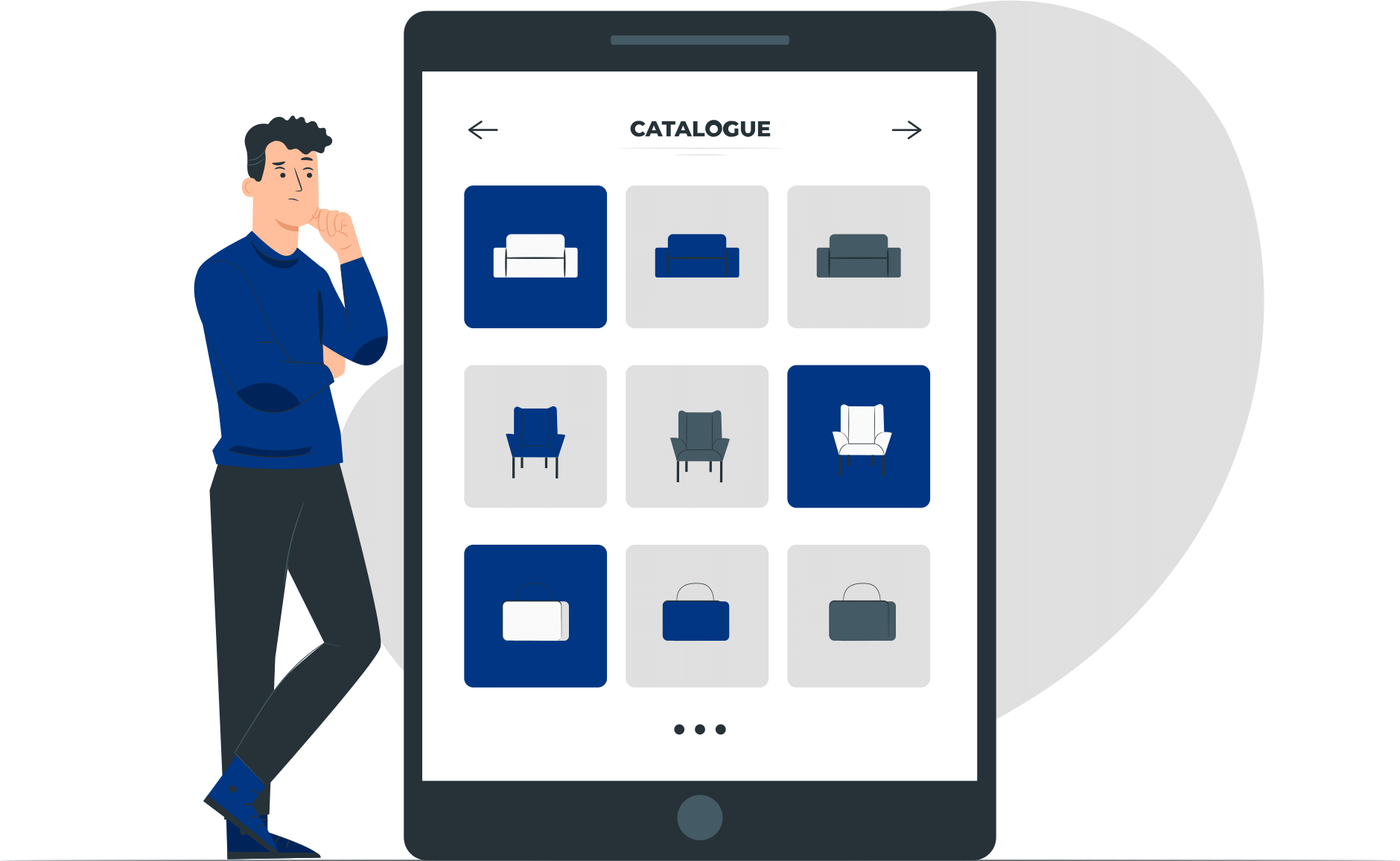 Mężczyzna stojący przy tablecie wyświetlającym witrynę sklepu