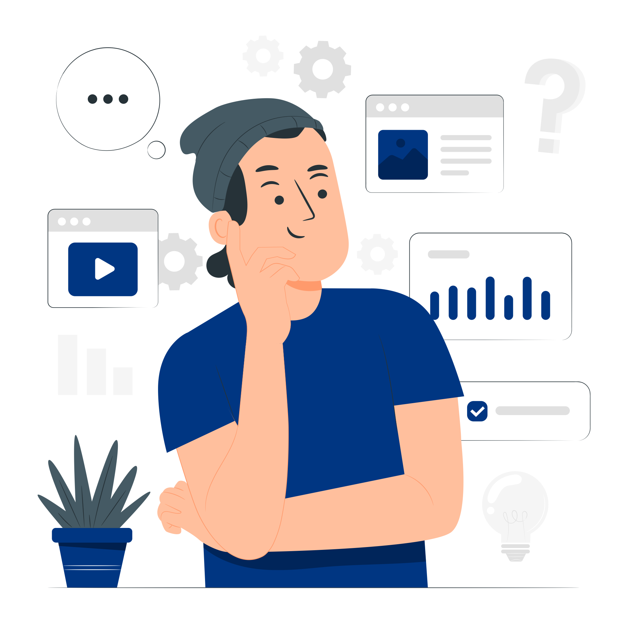 Mężczyzna myślący o elementach strony internetowej